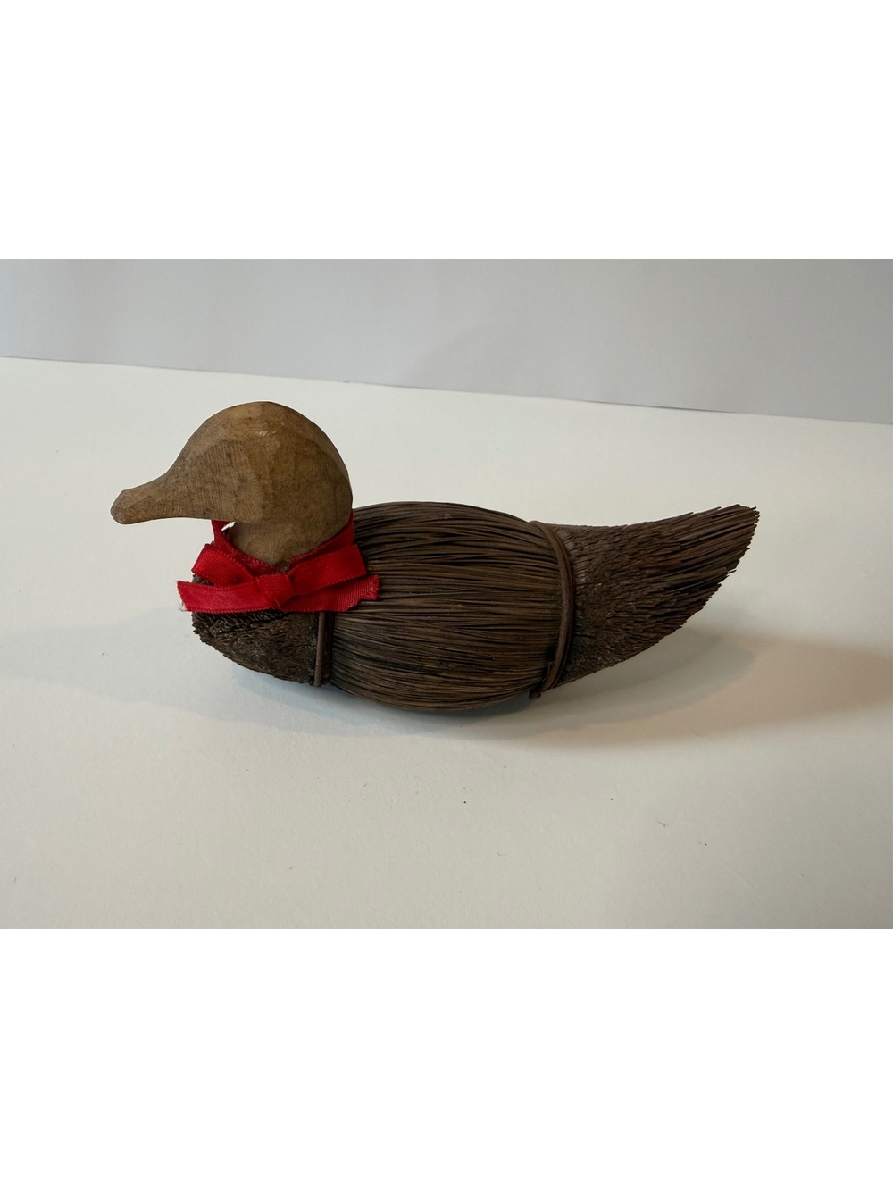 Vintage Handmade Wood & Reed Duck Decoy Figurine Red Ribbon Rustic Decor